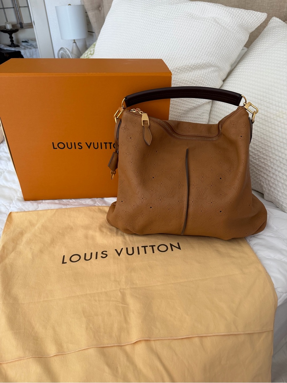 Louis Vuitton Brown Leather Hobo Bag with Gold Hardware